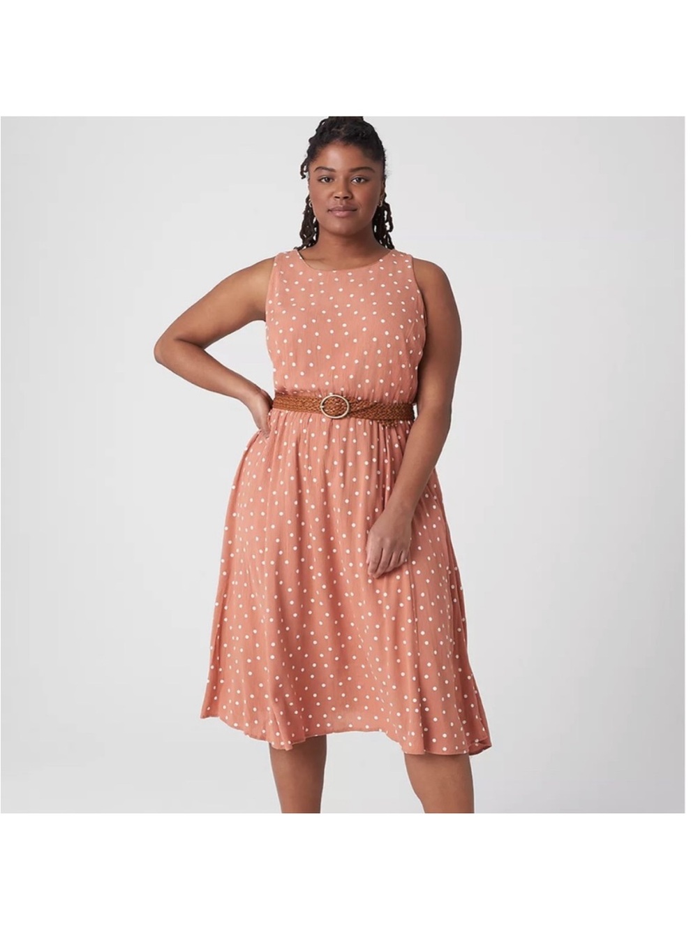 Lane Bryant Rose Polka Dot Sleeveless Midi Dress with Braided Belt